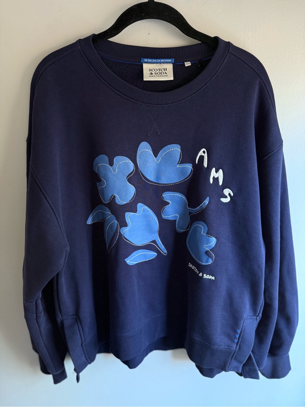 Scotch & Soda Navy Blue Crewneck with Light Blue Floral Motif